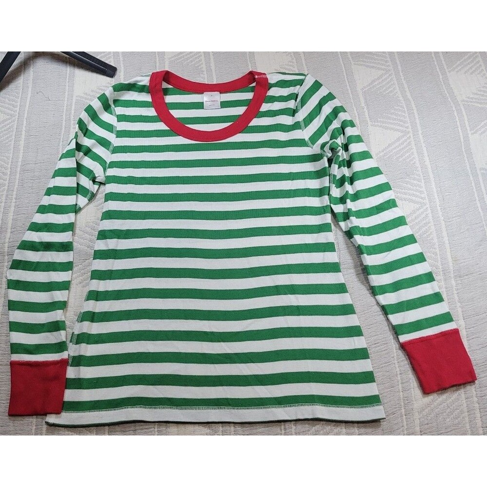 Hanna Andersson Green and White Striped Pajama Top with Red Accents